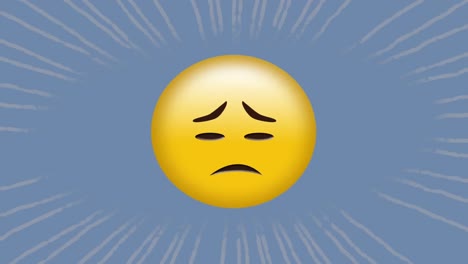 Digital-animation-of-sad-face-emoji-against-moving-radial-rays-on-blue-background