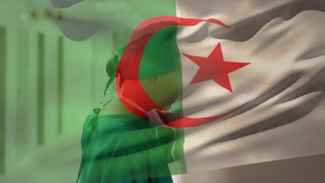 Digital-composition-of-algeria-flag-waving-against-stressed-caucasian-female-surgeon-at-hospital