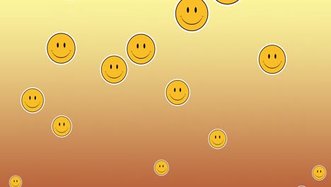 Digital-animation-of-multiple-smiling-face-emojis-floating-against-yellow-gradient-background