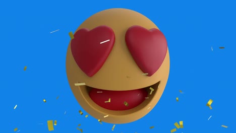 Digital-animation-of-golden-confetti-falling-over-heart-eyes-face-emoji-against-blue-background