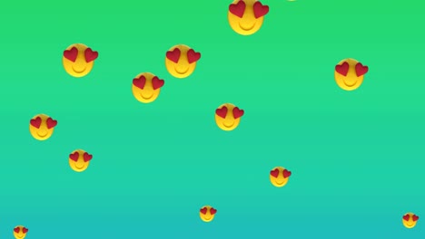 Digital-animation-of-multiple-heart-eyes-face-emojis-floating-against-green-gradient-background