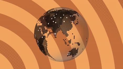 Digital-animation-of-spinning-globe-icon-against-moving-radial-rays-on-orange-background