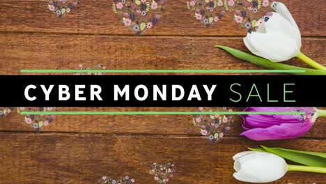 Cyber-monday-text-banner-over-floral-designs-in-heart-shape-floating-and-daisies-on-wooden-surface