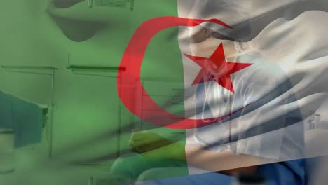 Digital-composition-of-algeria-flag-waving-over-stressed-caucasian-female-health-worker-at-hospital