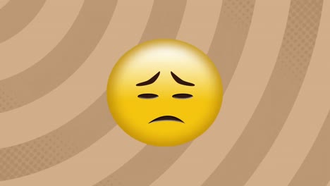 Digital-animation-of-sad-face-emoji-against-spinning-spirals-on-brown-background