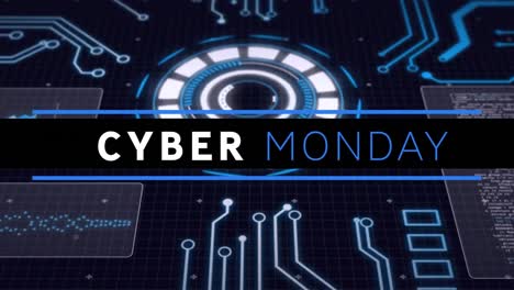 Digital-animation-of-cyber-monday-text-banner-against-round-scanners-and-microprocessor-connections