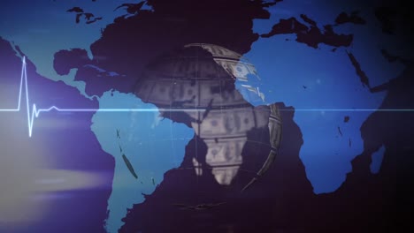 Monitor-De-Frecuencia-Cardíaca-Y-Globo-De-Billetes-De-Dólares-Americanos-Girando-El-Mapa-Mundial-Contra-El-Fondo-Púrpura