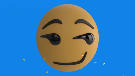 Animation-Von-Konfetti,-Die-über-Ein-Lächelndes-Emoji-Symbol-Auf-Blauem-Hintergrund-Fällt
