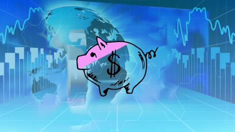 Piggy-bank-icon-over-dollar-sign-on-globe-against-statistical-data-processing-on-blue-background