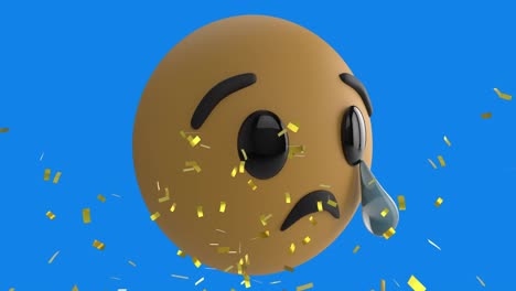 Digital-animation-of-golden-confetti-falling-over-crying-face-emoji-against-blue-background