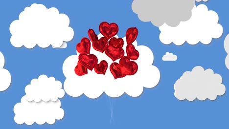 Un-Montón-De-Globos-De-Aluminio-En-Forma-De-Corazón-Rojo-Flotando-Contra-Múltiples-Iconos-De-Nubes-Sobre-Fondo-Azul.