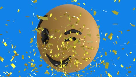 Animation-of-confetti-falling-over-smiling-emoji-icon-on-blue-background