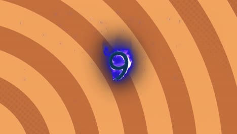 Digital-animation-of-blue-flame-effect-over-number-nine-against-spinning-spirals-on-brown-background