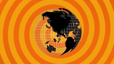 Digitale-Animation-Des-Sich-Drehenden-Globus-Symbols-Vor-Sich-Drehenden-Spiralen-Auf-Orangefarbenem-Hintergrund