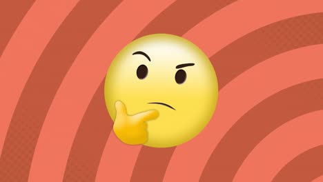 Digitale-Animation-Eines-Denkenden-Gesichts-Emojis-Vor-Sich-Drehenden-Spiralen-Auf-Orangefarbenem-Hintergrund