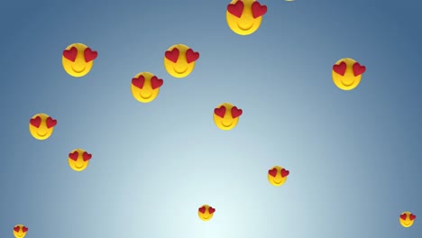 Digitale-Animation-Mehrerer-Herz-Augen-Gesichts-Emojis,-Die-Vor-Blauem-Hintergrund-Schweben