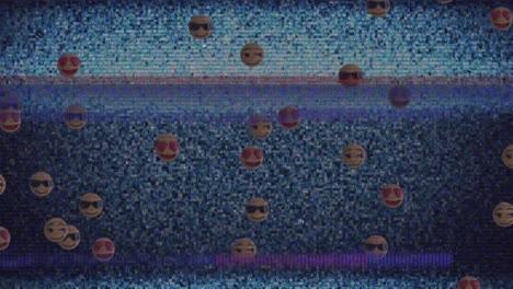 Digital-animation-of-multiple-face-emojis-floating-against-tv-static-effect-on-blue-background