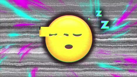 Digital-animation-of-colorful-digital-waves-over-sleeping-face-emojis-against-tv-static-effect