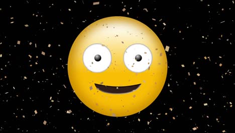 Digitale-Animation-Von-Goldenem-Konfetti,-Das-über-Ein-Albernes-Gesicht-Emoji-Vor-Schwarzem-Hintergrund-Fällt