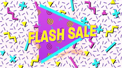 Animation-of-flash-sale-text-in-yellow-letters-over-brightly-coloured-retro-pattern