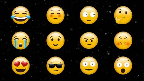 Digital-animation-of-white-particles-falling-over-multiple-face-emojis-against-black-background