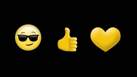 Face-wearing-sunglasses-emojis,-thumbs-up-and-yellow-heart-icon-against-black-background