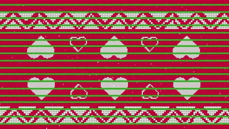 Green-stripes-and-snow-falling-over-heart-icons-on-traditional-christmas-pattern-on-red-background