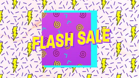 Animation-of-flash-sale-text-in-yellow-letters-over-brightly-coloured-thunder-flash-retro-pattern