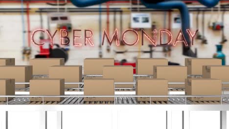 Neon-red-cyber-monday-text-banner-over-multiple-delivery-boxes-on-conveyer-belt-against-factory
