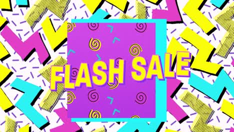 Animation-of-flash-sale-text-in-yellow-letters-over-brightly-coloured-retro-pattern