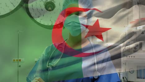 Algeria-flag-waving-against-caucasian-female-health-worker-wearing-face-mask-at-hospital