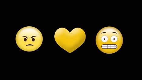 Digital-animation-of-yellow-heart-icon,-sick-and-grimacing-face-emojis-against-black-background