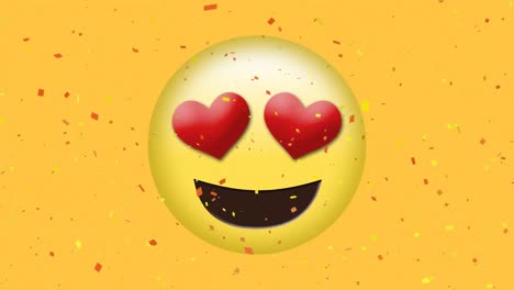 Digital-animation-of-confetti-falling-over-heart-eyes-face-emoji-on-yellow-background