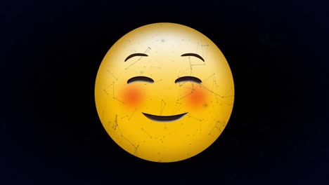 Digitale-Animation-Des-Netzwerks-Von-Verbindungen-über-Errötendem-Gesichts-Emoji-Auf-Schwarzem-Hintergrund