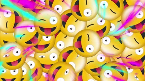 Digital-animation-of-colorful-digital-waves-over-multiple-silly-face-emojis-on-black-background