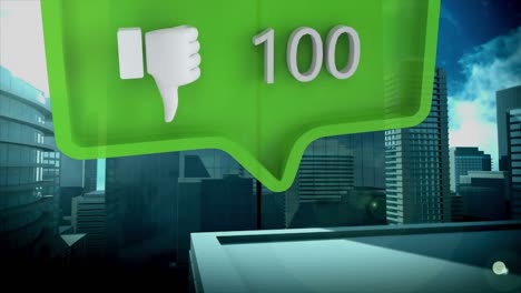 Dislike-icon-with-increasing-numbers-on-green-speech-bubble-against-tall-buildings-in-background