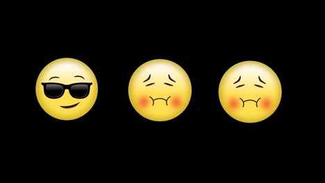 Digitale-Animation-Kranker-Und-Gesichtstragender-Sonnenbrillen-Emojis-Vor-Schwarzem-Hintergrund