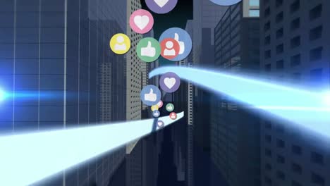 Multiple-colorful-profile-and-heart-icons-floating-against-blue-light-trails-over-3d-city-model