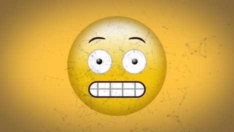 Digital-animation-of-network-of-connections-floating-over-grimacing-face-emoji-on-yellow-background