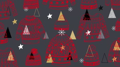 Animation-Eines-Weihnachtspullovers-Und-Einer-Mütze,-Die-über-Weihnachtsbäumen-Wiederholt-Wird