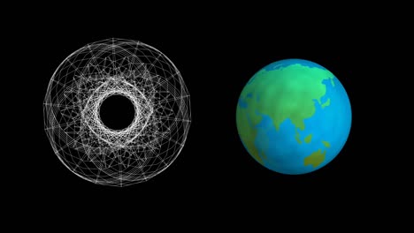 Animation-of-shapes-moving-and-globe-spinning-on-black-background