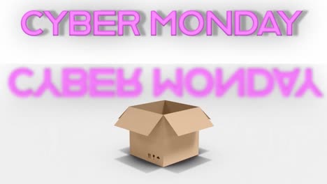 Neon-pink-cyber-monday-sale-text-banner-over-delivery-box-falling-against-white-background