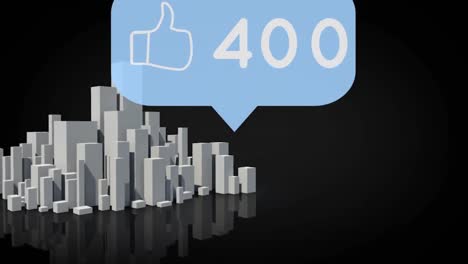 Like-icon-with-increasing-numbers-on-blue-speech-bubble-against-3d-city-model-on-black-background