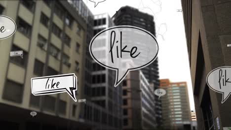 Abstract-geometric-shape-spinning-and-like-text-on-multiple-speech-bubbles-against-tall-buildings
