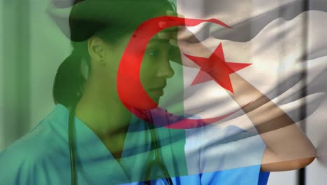 Digital-composition-of-algeria-flag-waving-over-stressed-caucasian-female-health-worker-at-hospital