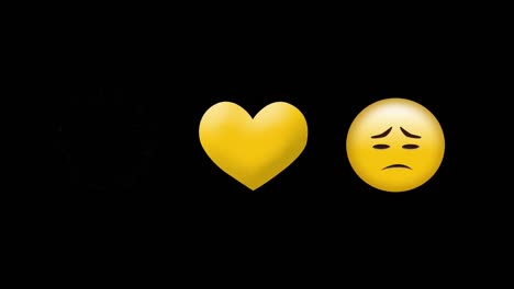 Digital-animation-of-yellow-heart-icon-and-sad-face-emoji-against-black-background