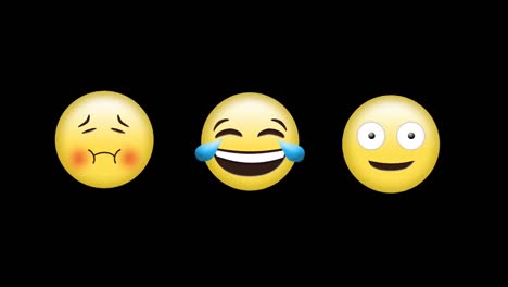 Digital-animation-of-sick,-laughing-and-silly-face-emojis-against-black-background