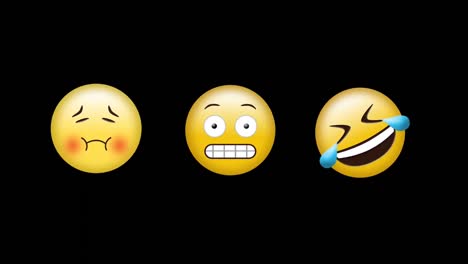 Digital-animation-of-sick,-grimacing-and-laughing-face-emojis-against-black-background
