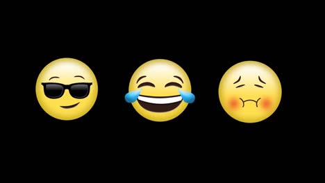 Digital-animation-of-sick,-laughing-and-sunglasses-face-emojis-against-black-background