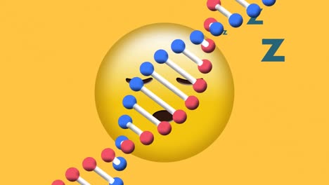 Digital-animation-of-dna-structure-spinning-over-sleepy-face-emoji-on-yellow-background
